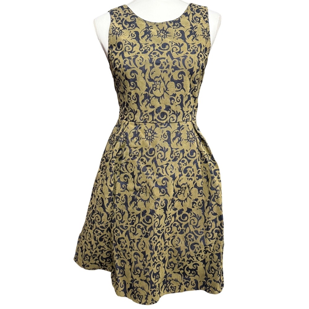 Sleeveless Fit Flare Dress Green Black Scroll Print Open Back Boho Womens Medium